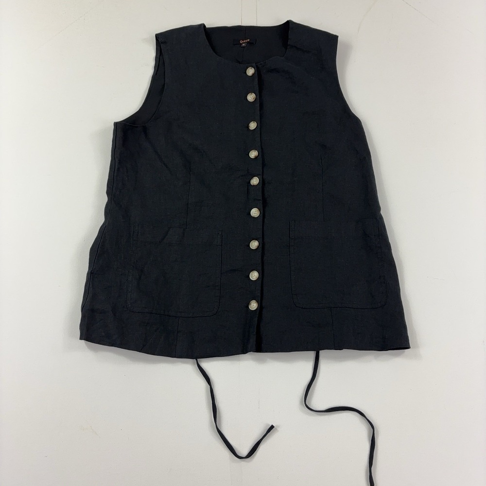 Quince Vest Womens XL Black 100% Linen Button Front Tie Waist Pockets Collarless